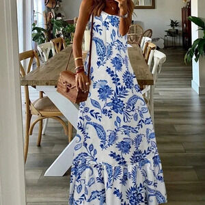 Blue and White Boho Women's Ruffle Hem Spaghetti Strap Dress